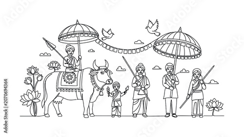 Tableau sur toile Line art illustration of a traditional Indian procession with a decorated bull and figures