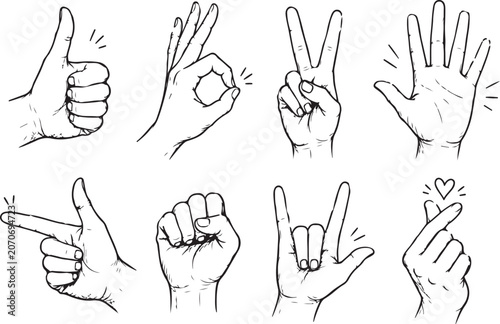 Hand gestures set showing various signs and communication signals in a sketch style