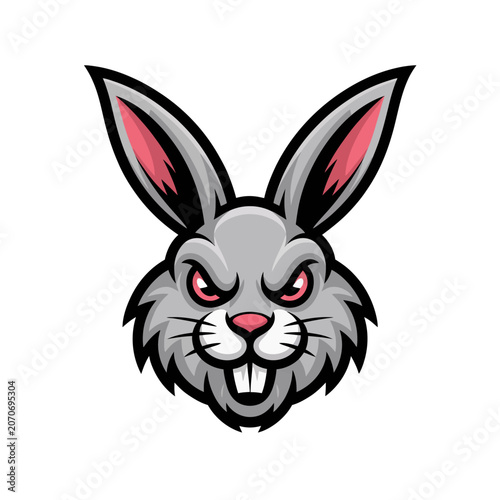 Fierce Rabbit Head Mascot Logo – Aggressive Gray Bunny with Red Eyes Vector Illustration


