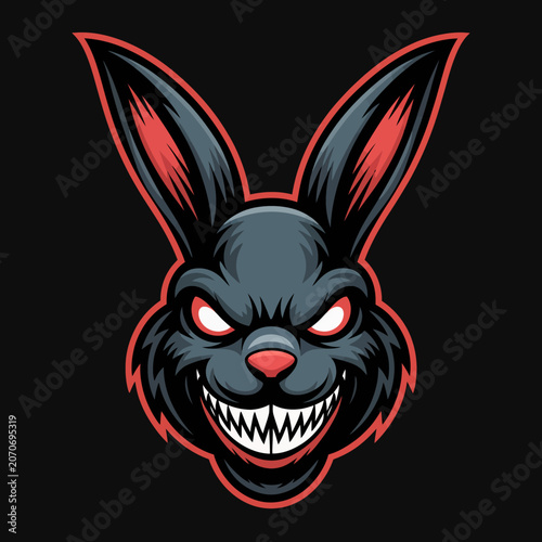 Evil Rabbit Mascot Logo – Aggressive Black Bunny with Sharp Teeth and Red Eyes on Dark Background