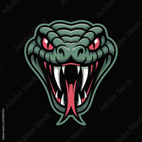Aggressive Snake Head Mascot Logo – Viper with Fangs, Red Eyes, and Open Mouth on Black Background