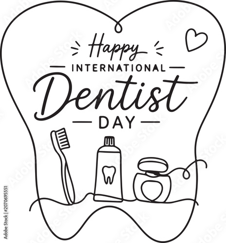 Happy International Dentist Day line art illustration with tooth and dental tools