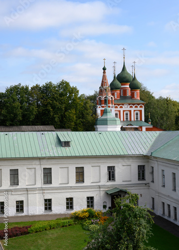 View of the medieval Church of the Epiphany and the courtyard of the Transfiguration Monastery in Yaroslavl, Russia