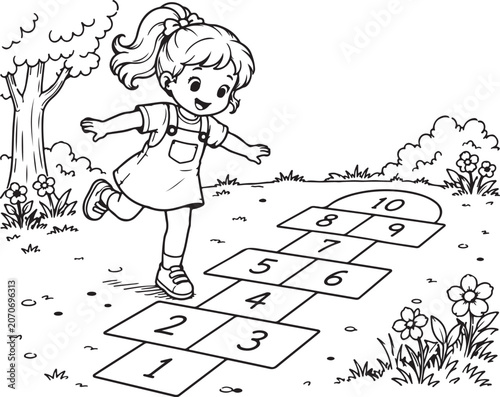 Happy little girl playing hopscotch game outdoors in a sunny garden park scene
