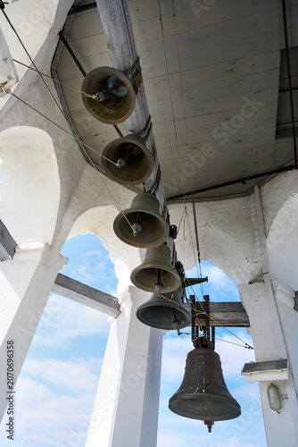 Bells on the belfry of the medieval Spaso-Preobrazhensky Monastery in Yaroslavl, Russia