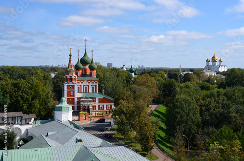 View of the medieval Church of the Epiphany and domes and crosses of other churches in Yaroslavl, Russia
