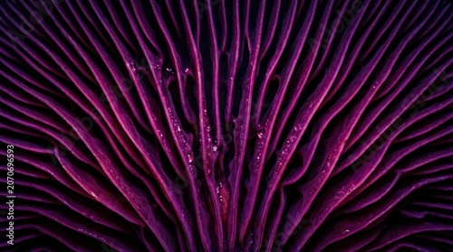 Macro photography of glowing purple bioluminescent mushroom gills