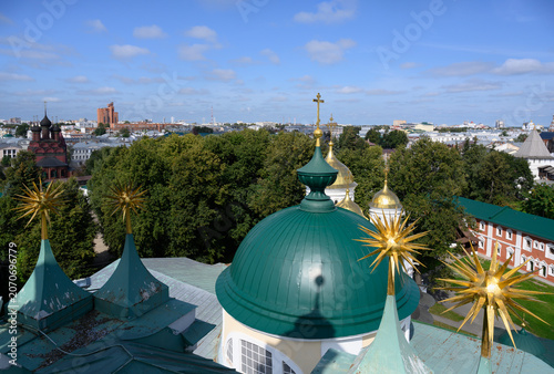 Aerial view of the decorations and crosses of the medieval Church of the Resurrection in Yaroslavl, Russia