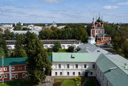View of the medieval Church of the Epiphany and the courtyard of the Transfiguration Monastery in Yaroslavl, Russia