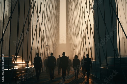 People walk on a bridge during the evening with tall buildings in the background and a warm glow in the air