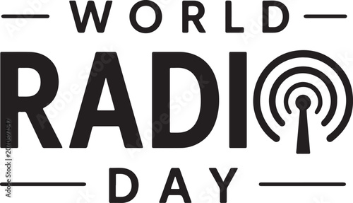 World Radio Day black text logotype with a wireless signal transmission tower icon