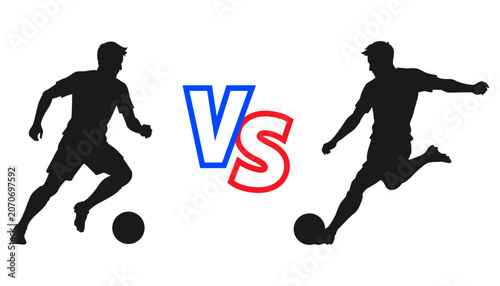Two football players in action silhouette with VS text, soccer players versus concept vector illustration