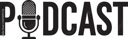 Black Podcast text logo with a vintage microphone icon replacing the letter O