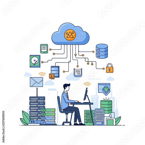 Cloud Computing Data Server Network Technology Man Working Computer Connection