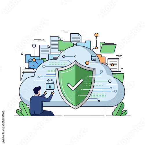 Cloud Security Concept: Man Protects Data with Shield and Lock