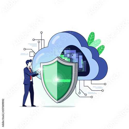 Cloud data security, businessman protecting shield, digital network connection concept
