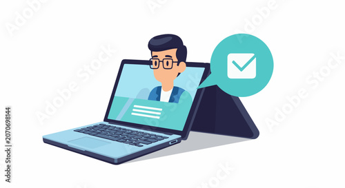 A man with glasses appears on a laptop screen with a speech bubble