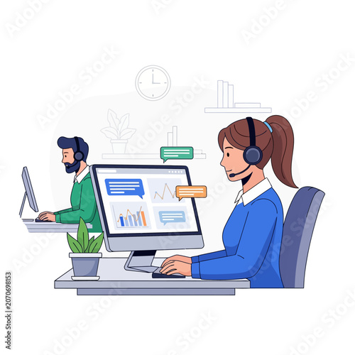 Customer service team, call center agents, working at computers with headsets