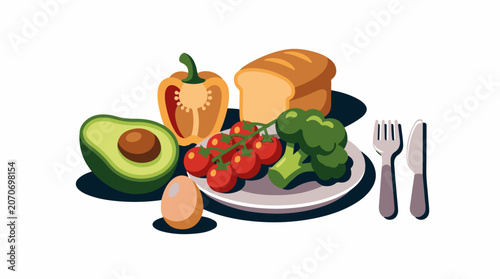 A plate of healthy food with avocado, egg, pepper, bread, broccoli, tomatoes, fork, and knife