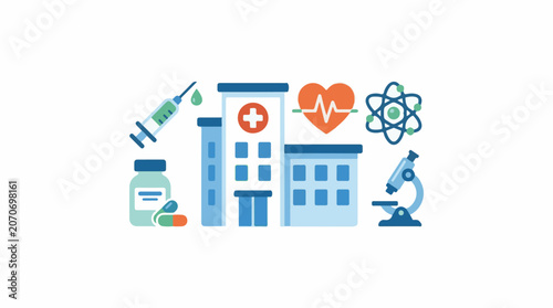 A medical facility with a syringe, medicine, and scientific equipment