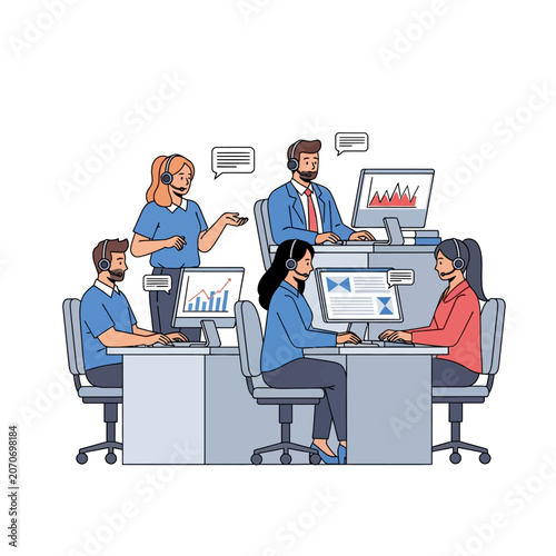 Customer Service Team Working in a Modern Call Center Environment