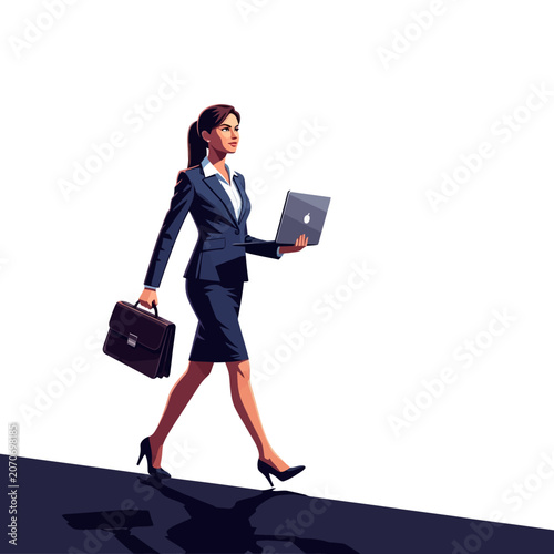 Confident Woman in Suit Walking with Briefcase and Laptop - Business Concept