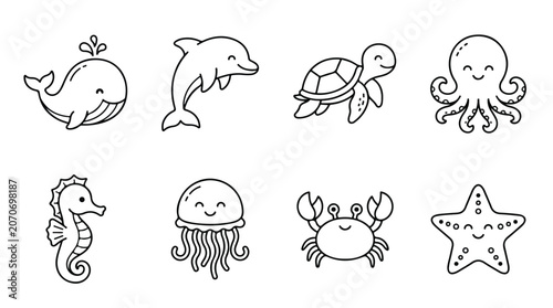 Photography Cute sea animals line art collection, 8 underwater creature icons for coloring,