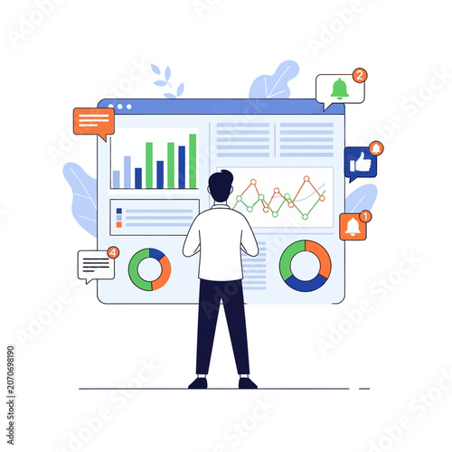 Data Analysis Dashboard: Man reviews charts, graphs & notifications on screen.
