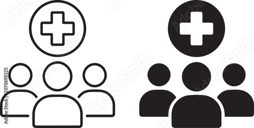 Medical staff and healthcare worker group icons with a cross symbol in black color