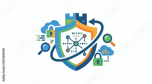 A shield with a network diagram and security symbols around it
