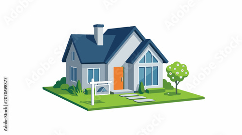 A small white house with blue roof and green lawn