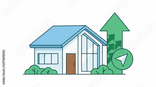 A simple house with blue roof and green bushes