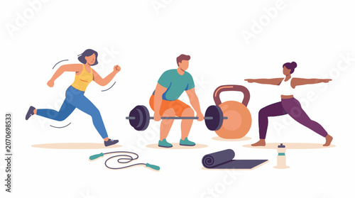 A vibrant illustration of three people engaging in various fitness activities