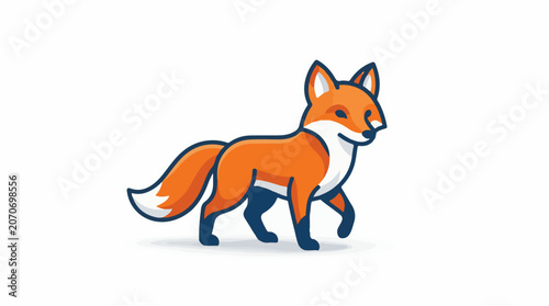 A vibrant orange fox with white and black accents walks on a plain background