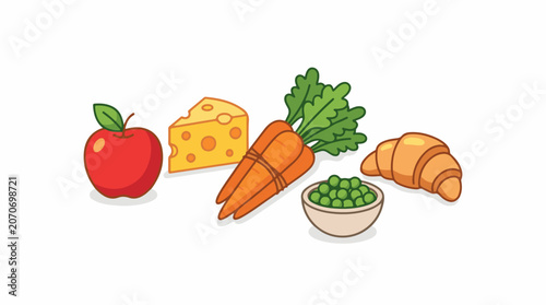 Colorful cartoon illustration of fresh food items