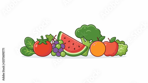 Colorful cartoon illustration of various fruits and vegetables