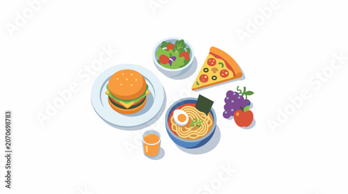 Colorful fast food and dishes arranged on a plain white background