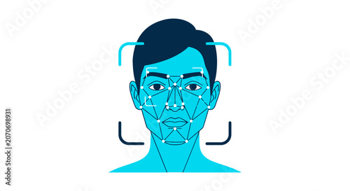 Biometric Facial Recognition Technology Illustration of a Man's Face Scan for Digital Identity and Cyber Security Authentication