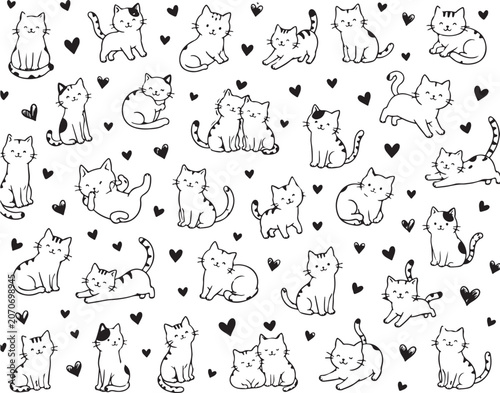 Seamless pattern with cute hand drawn cats and small hearts in black and white