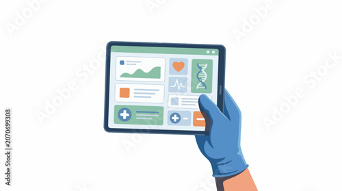 A gloved hand holds a tablet displaying a medical interface with various health-related graphics
