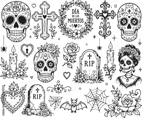 Dia de los Muertos skull set with crosses gravestones flowers and candles illustration