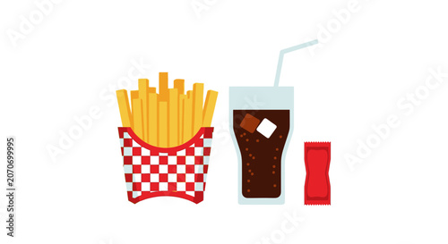 French Fries, Soda Drink with Ice, and Ketchup Packet - Flat Design