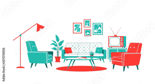 Retro Living Room Interior Design, Mid-Century Modern Furniture, Vintage Decor