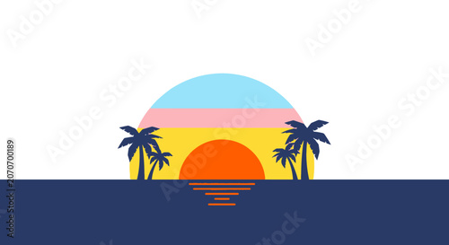 Retro Sunset Over Ocean with Palm Trees, Vintage Miami Vibe