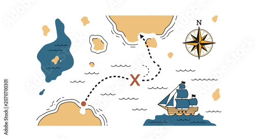 Treasure Map Adventure: Pirate Ship Navigates Islands to Find X