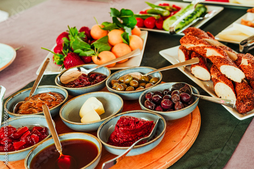 traditional turkish breakfast feast with rich variety on table photos series