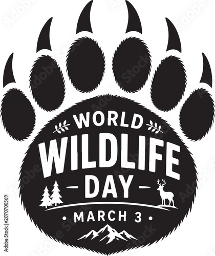 World Wildlife Day emblem design featuring a large bear paw print and forest theme