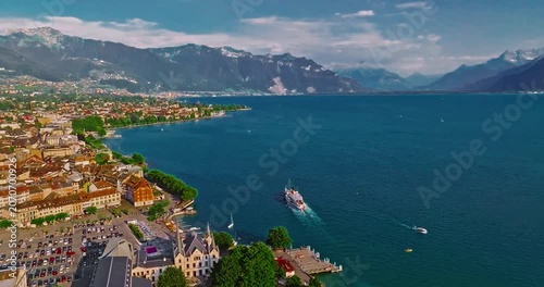 Aerial view of Vevey city in western Switzerland on the shores of Lake Geneva