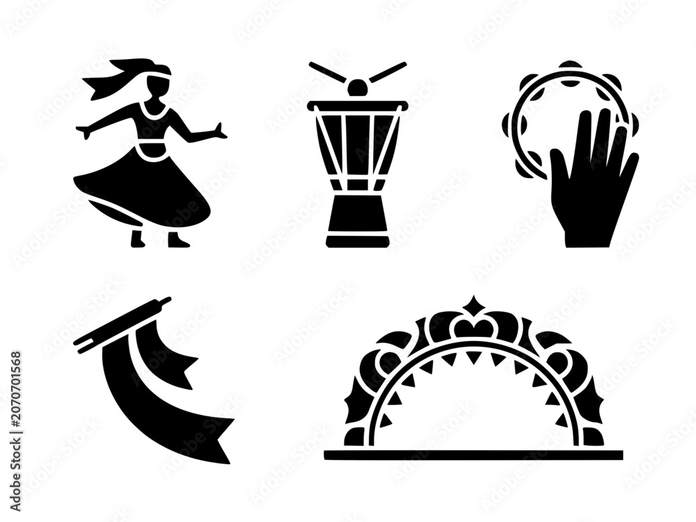 Fototapeta premium Collection of indian classical dance and musical icons in black silhouette