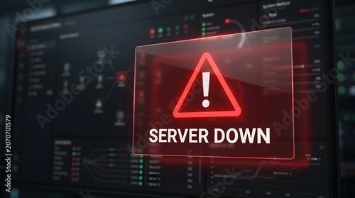 Critical IT server down error dashboard with system monitoring metrics representing technical failure and network diagnostics